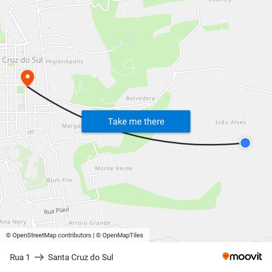 Rua 1 to Santa Cruz do Sul map