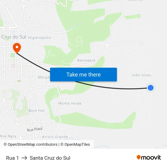 Rua 1 to Santa Cruz do Sul map