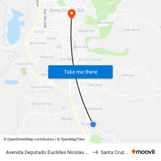 Avenida Deputado Euclides Nicolau Kliemann, 3610 to Santa Cruz do Sul map