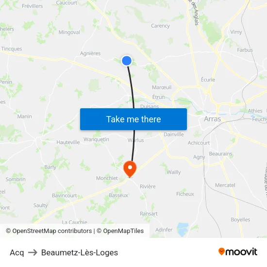 Acq to Beaumetz-Lès-Loges map