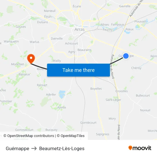 Guémappe to Beaumetz-Lès-Loges map