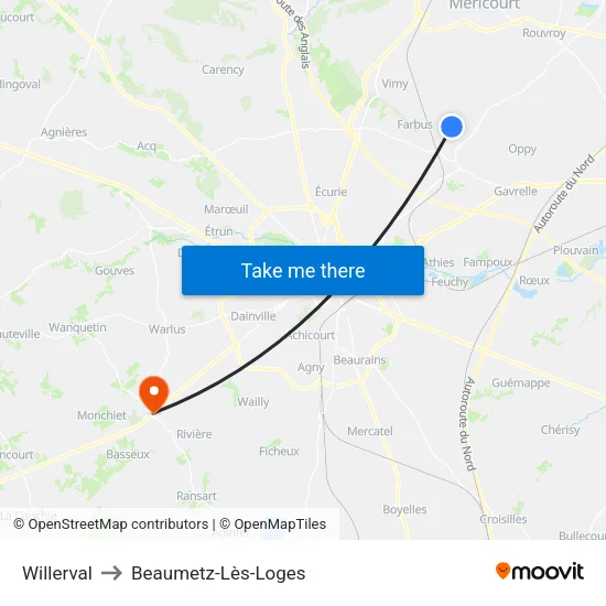 Willerval to Beaumetz-Lès-Loges map