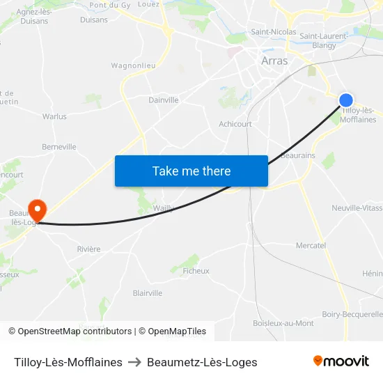 Tilloy-Lès-Mofflaines to Beaumetz-Lès-Loges map