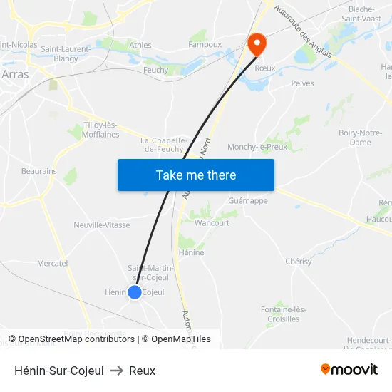 Hénin-Sur-Cojeul to Reux map