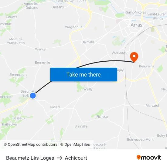 Beaumetz-Lès-Loges to Achicourt map