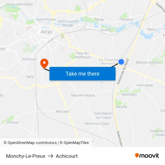 Monchy-Le-Preux to Achicourt map