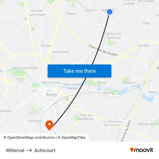 Willerval to Achicourt map