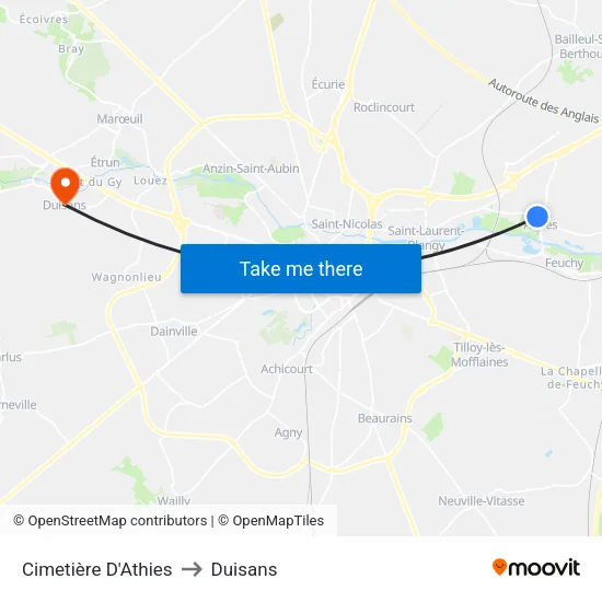 Cimetière D'Athies to Duisans map