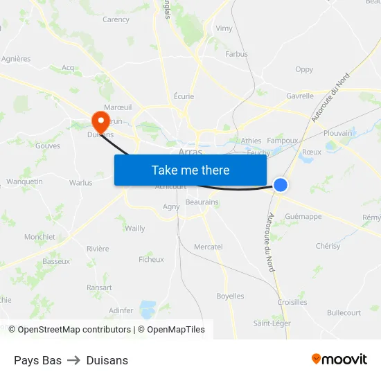 Pays Bas to Duisans map