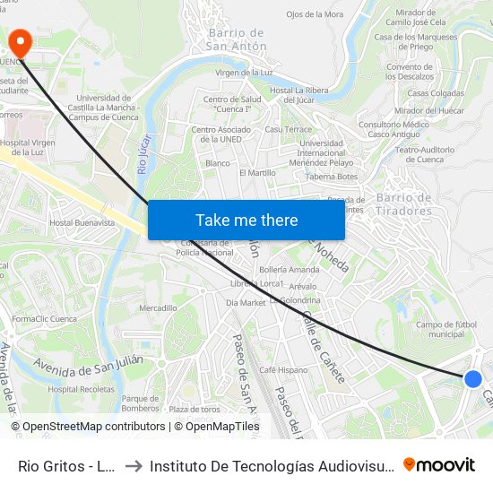 Rio Gritos - Las Torcas to Instituto De Tecnologías Audiovisuales De Cuenca - Itav map