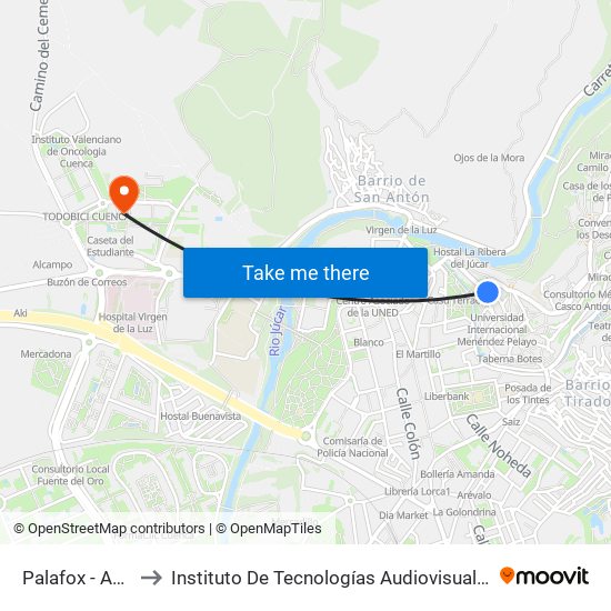 Palafox - Audiencia to Instituto De Tecnologías Audiovisuales De Cuenca - Itav map