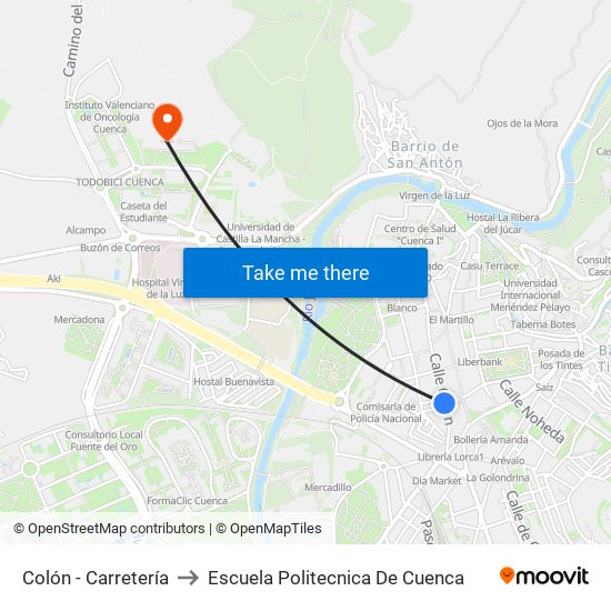 Colón - Carretería to Escuela Politecnica De Cuenca map