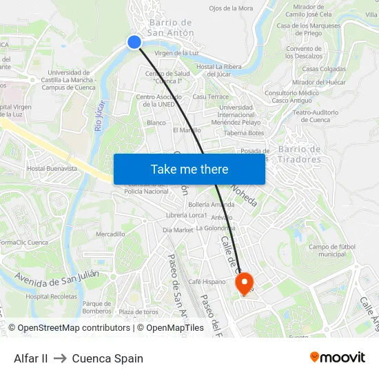 Alfar II to Cuenca Spain map