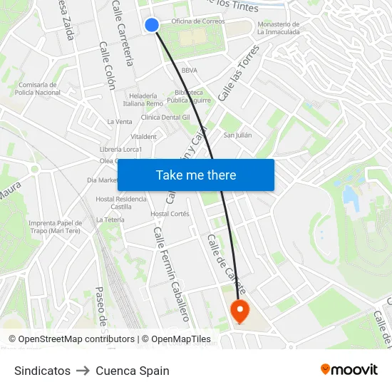 Sindicatos to Cuenca Spain map