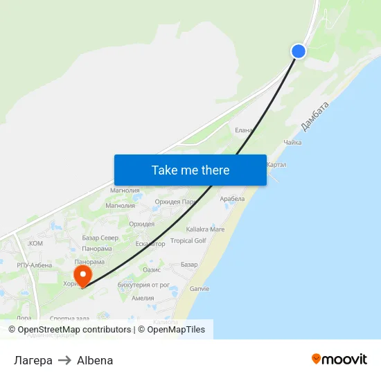 Лагера to Albena map