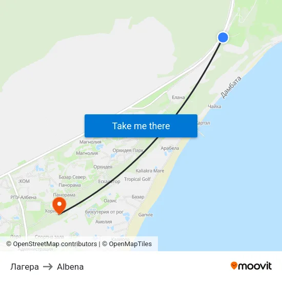 Лагера to Albena map