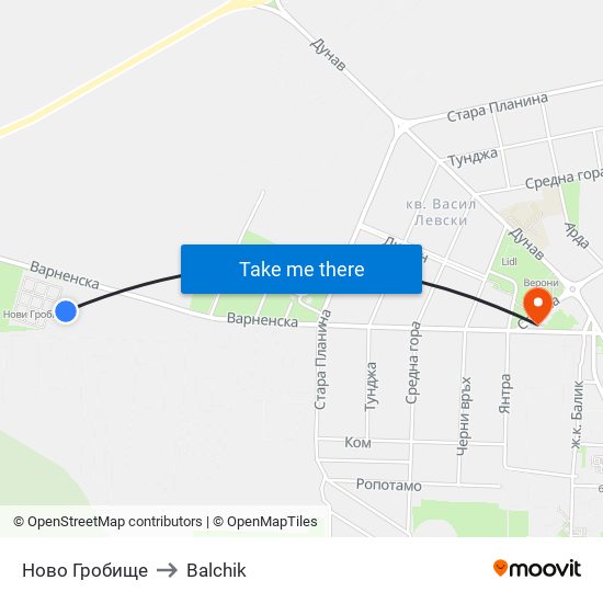 Ново Гробище to Balchik map