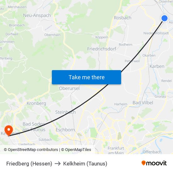 Friedberg (Hessen) to Kelkheim (Taunus) map