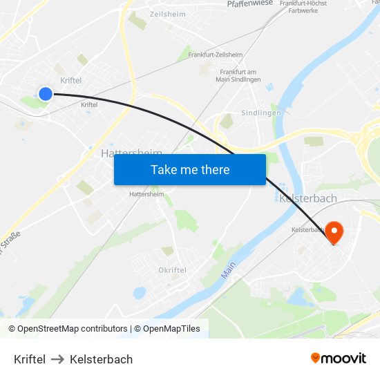 Kriftel to Kelsterbach map