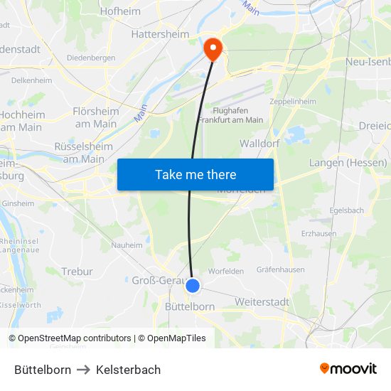 Büttelborn to Kelsterbach map