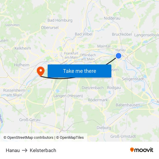 Hanau to Kelsterbach map