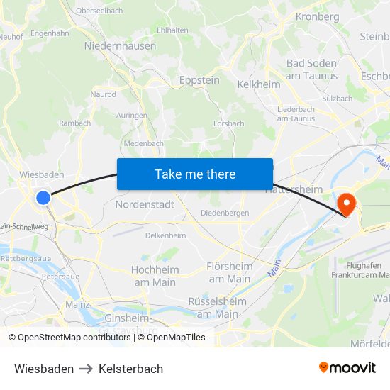 Wiesbaden to Kelsterbach map