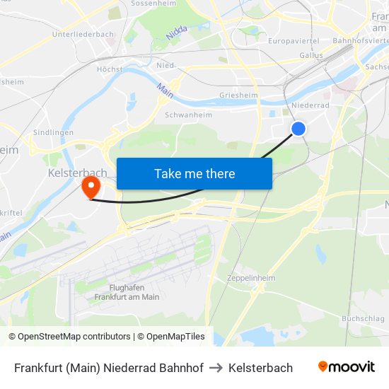 Frankfurt (Main) Niederrad Bahnhof to Kelsterbach map