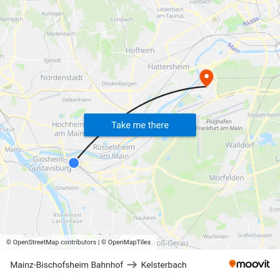 Mainz-Bischofsheim Bahnhof to Kelsterbach map