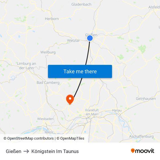 Gießen to Königstein Im Taunus map