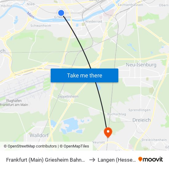 Frankfurt (Main) Griesheim Bahnhof to Langen (Hessen) map