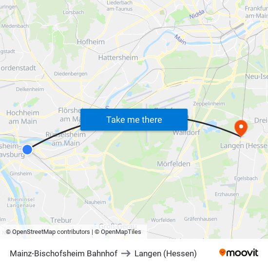 Mainz-Bischofsheim Bahnhof to Langen (Hessen) map