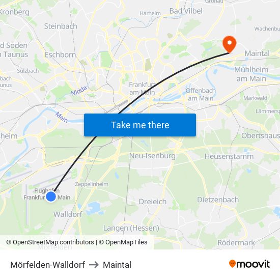 Mörfelden-Walldorf to Maintal map