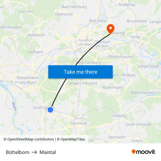 Büttelborn to Maintal map
