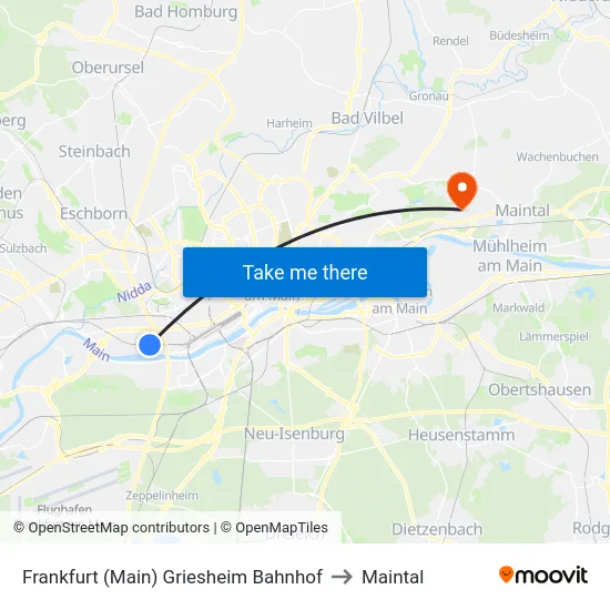Frankfurt (Main) Griesheim Bahnhof to Maintal map
