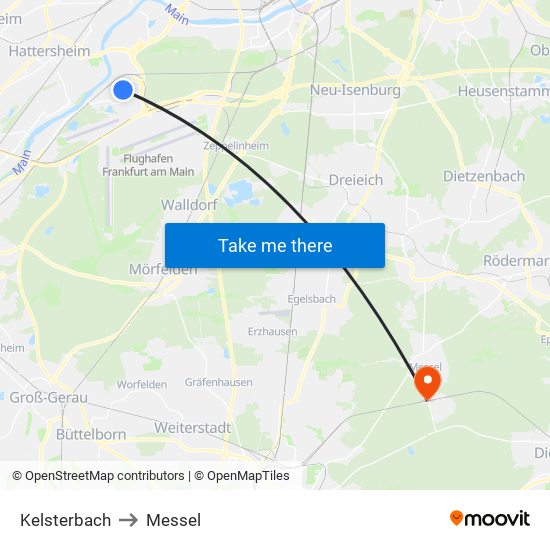 Kelsterbach to Messel map