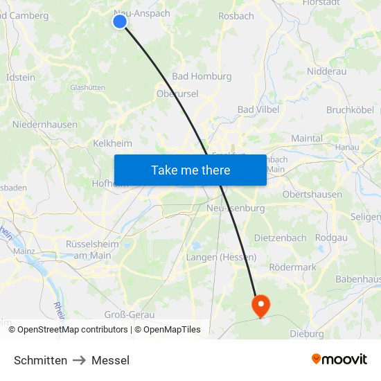 Schmitten to Messel map