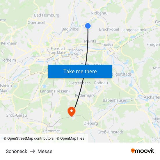 Schöneck to Messel map