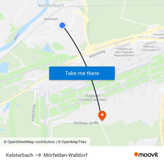 Kelsterbach to Mörfelden-Walldorf map