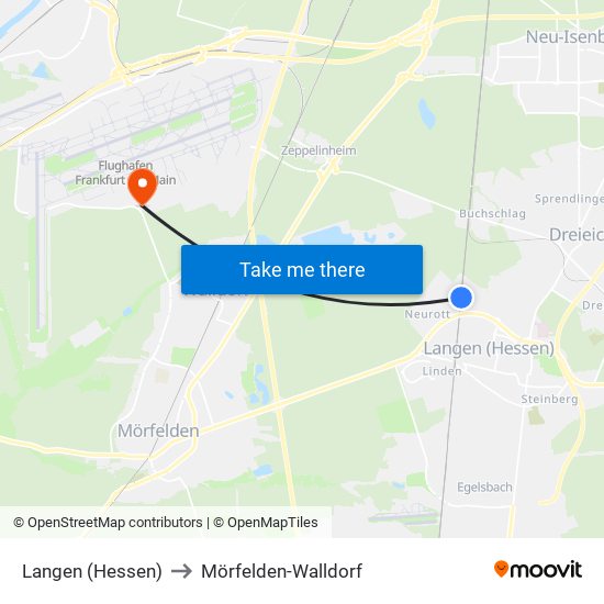 Langen (Hessen) to Mörfelden-Walldorf map