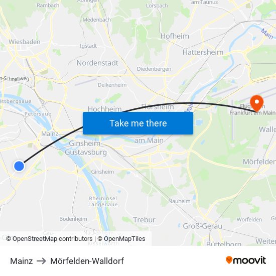 Mainz to Mörfelden-Walldorf map