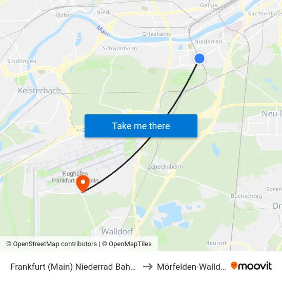 Frankfurt (Main) Niederrad Bahnhof to Mörfelden-Walldorf map