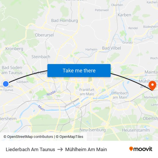 Liederbach Am Taunus to Mühlheim Am Main map