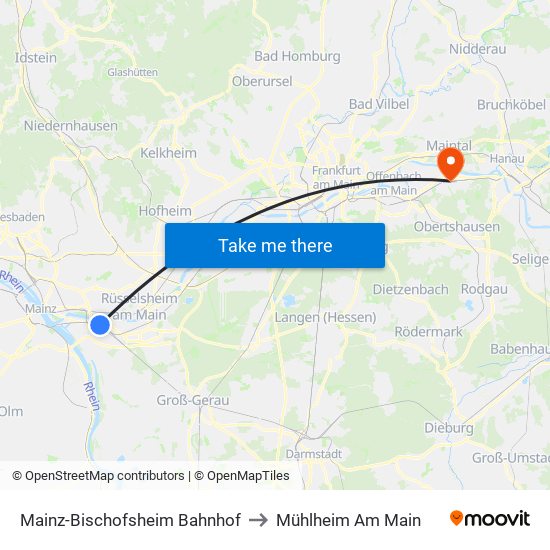 Mainz-Bischofsheim Bahnhof to Mühlheim Am Main map