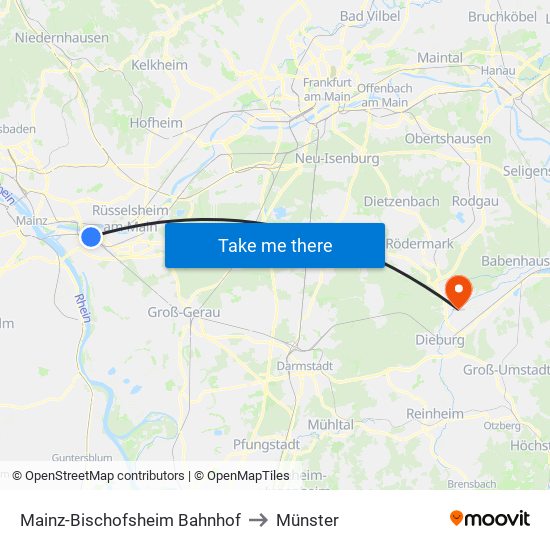 Mainz-Bischofsheim Bahnhof to Münster map