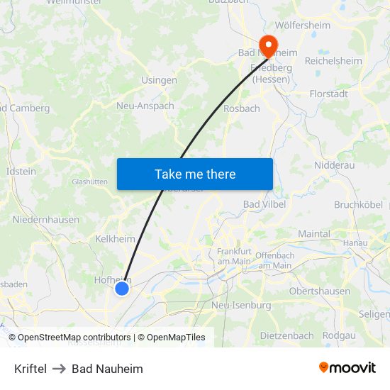Kriftel to Bad Nauheim map