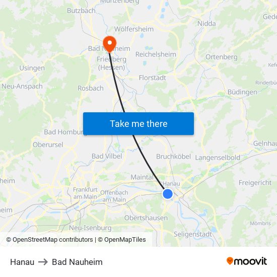 Hanau to Bad Nauheim map