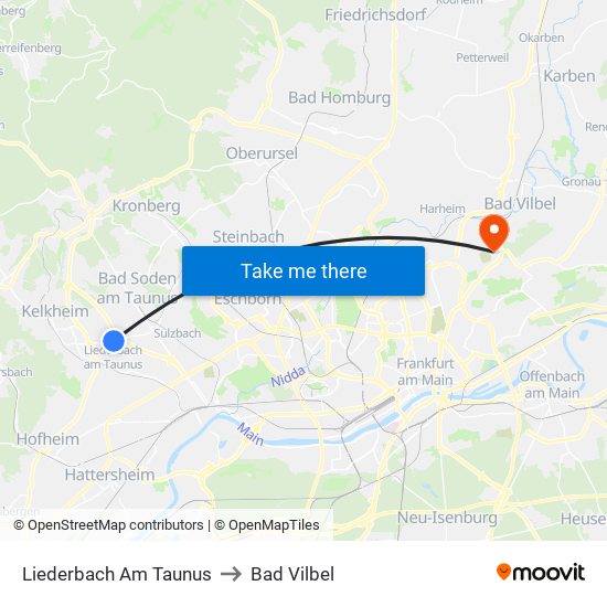 Liederbach Am Taunus to Bad Vilbel map