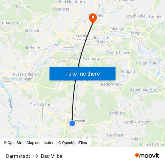 Darmstadt to Bad Vilbel map