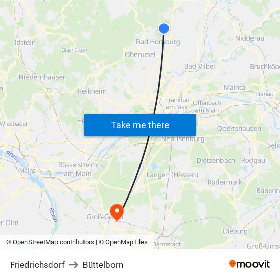 Friedrichsdorf to Büttelborn map