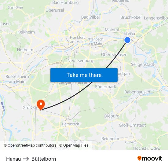 Hanau to Büttelborn map